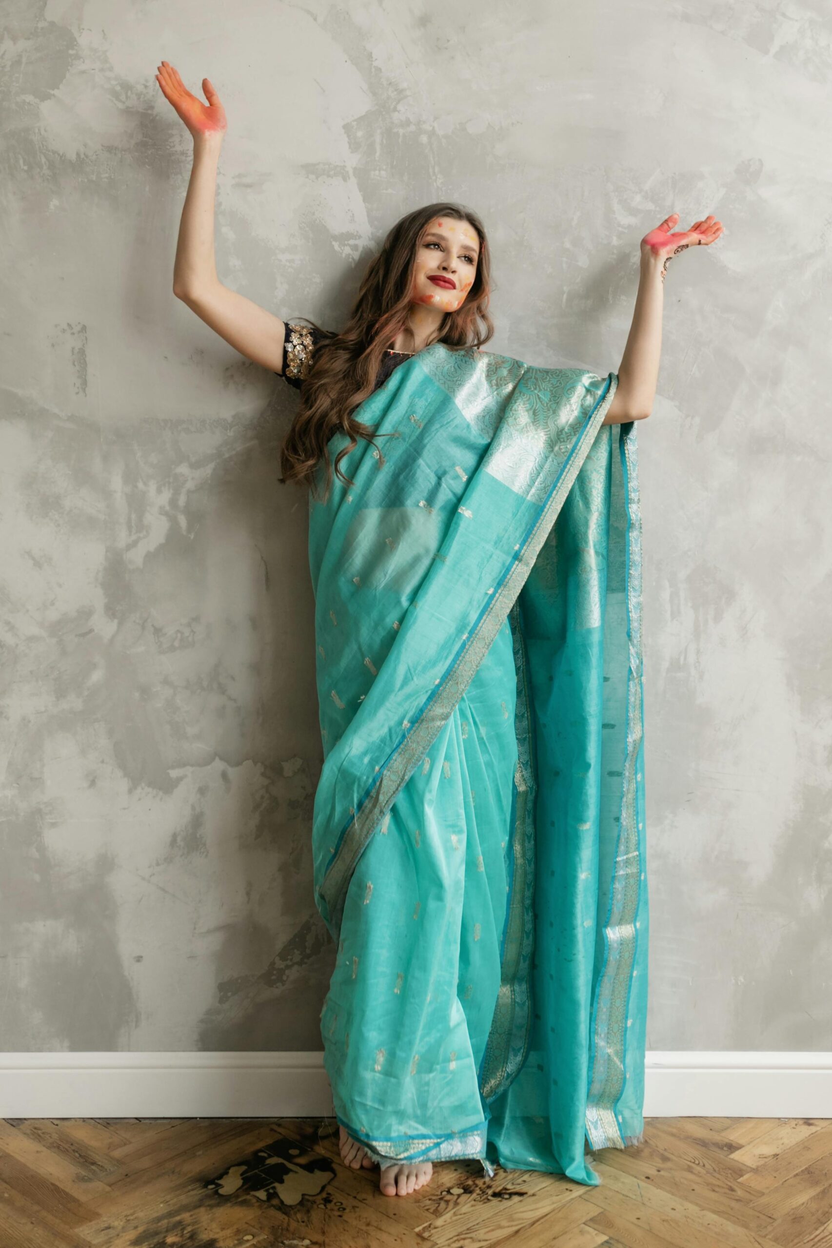 Sky Blue Digital Printed Linen Saree